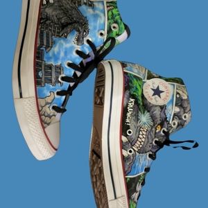 Converse high tops mens 9.5 women's 11.5 Godzilla vs. Hulk! OOAK!